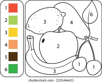 Color the cute fruits by numbers. Beautiful coloring book page for kids. Worksheet for education