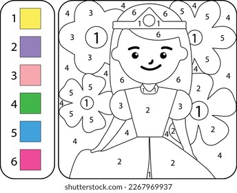 Color the cute girl princess by numbers. Beautiful coloring book page for kids. Worksheet for education