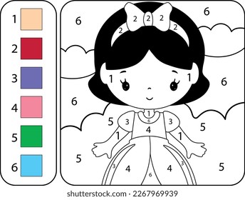 Color a la linda princesa chica por números. Hermosa página de libros de colorear para niños. Hoja de trabajo para la educación