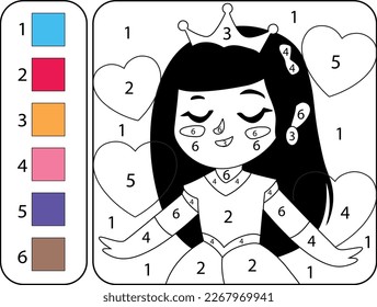 Color the cute girl princess by numbers. Beautiful coloring book page for kids. Worksheet for education