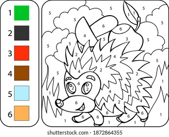 Color el lindo erizo por números. Hermosa página de libros de colorear para niños. Hoja de trabajo para la educación