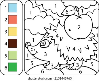 Color the cute Hedgehog by numbers. Beautiful coloring book page for kids. Worksheet for education