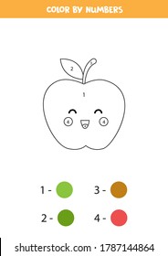 Color cute kawaii apple by numbers. Educational math game for kids. Funny coloring page. Activity page for preschoolers.