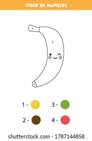 Color cute kawaii banana by numbers. Educational math game for kids. Funny coloring page. Activity page for preschoolers.