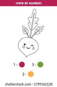 Color cute kawaii beetroot by numbers. Educational game for kids. Printable activity page for children.