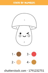 Color cute kawaii boletus mushroom by numbers. Educational coloring page for kids. Math game for preschoolers.