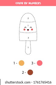 Color cute kawaii ice cream by numbers. Educational worksheet for kids. Coloring page for preschool children. 