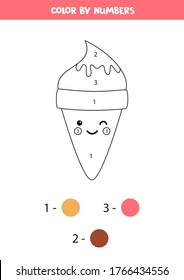 Color cute kawaii ice cream by numbers. Educational game for kids. Printable worksheet. Coloring page for preschool children. Math sheet.