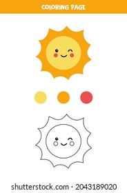 Color Cute Kawaii Sun. Coloring Page For Kids. 