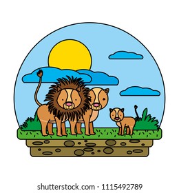 color cute lion family wild animal in the landscape