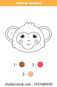 Color cute monkey face by numbers. Coloring page for kids. 