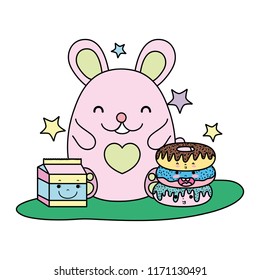 color cute mouse with donuts and milk box