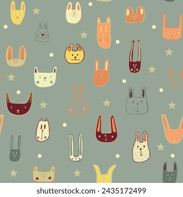 Color cute muzzles of cats, mice, rabbits. Seamless pattern with little animals. Cute baby pattern with fluffies. Vector illustration.