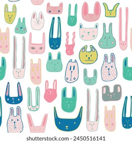 Color cute muzzles of cats, mice, rabbits. Seamless pattern with little animals. Cute baby pattern with fluffies. Vector illustration.