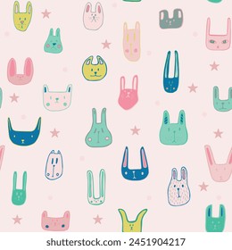 Color cute muzzles of cats, mice, rabbits. Seamless pattern with little animals. Cute baby pattern with fluffies. Vector illustration.