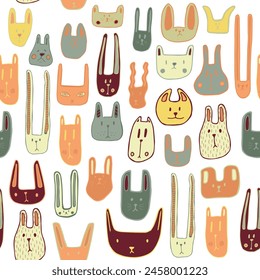 Color cute muzzles of cats, mice, rabbits. Seamless pattern with little animals. Cute baby pattern with fluffies. Vector illustration.