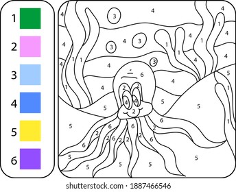 Color el pulpo lindo por números. Hermosa página de libros de colorear para niños. Hoja de trabajo para la educación