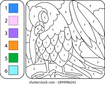 Color the cute parrot by numbers. Beautiful coloring book page for kids. Worksheet for education