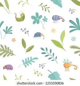 Color cute pattern with cartoon bugs and leaves on a white background
