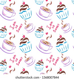 Color cute pattern with hand drawn cake and coffee