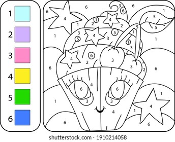 Color the cute pie, cupcake by numbers. Beautiful coloring book page for kids. Worksheet for education