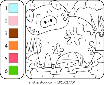 Color the cute pig  by numbers. Beautiful coloring book page for kids. Worksheet for education