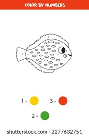 Color cute plaice fish  by numbers. Coloring page for kids. 