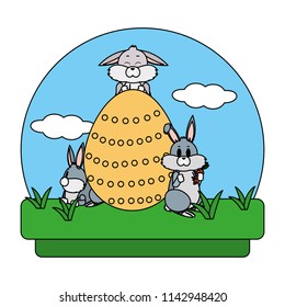 color cute rabbits with egg easter decoration