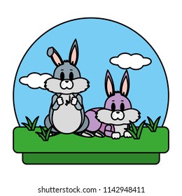 color cute rabbits friends animals in the landscape