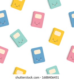 Color cute sleeping Notebook icon isolated seamless pattern on white background. Spiral notepad icon. School notebook.