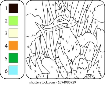 Color the cute sly fox by numbers. Beautiful coloring book page for kids. Worksheet for education