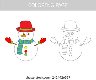 Color cute snowman worksheet for preschool kids. Coloring page for children. Winter educational game for school and homeschool