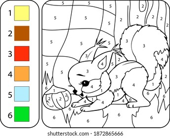 Color la ardilla linda por los números. Hermosa página de libros de colorear para niños. Hoja de trabajo para la educación