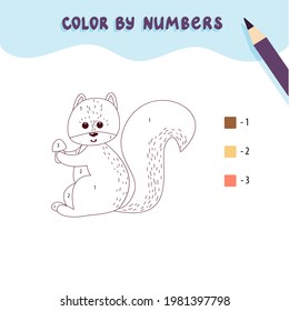 Color cute squirrel and mushroom by number. Educational math game for children. Coloring page