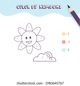 Color cute sun and cloud by number. Educational math game for children. Coloring page.
