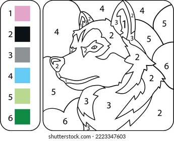 Color the cute sweet dog husky  by numbers. Beautiful coloring book page for kids. Worksheet for education