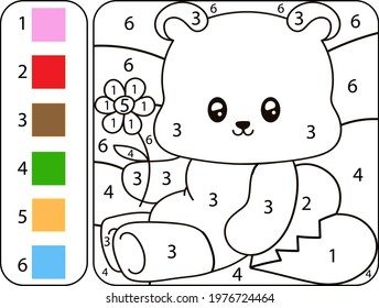 Color the cute teddy bear by numbers. Beautiful coloring book page for kids. Worksheet for education