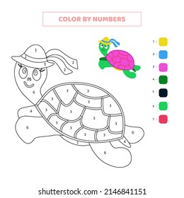 Color cute turtle by numbers. Game for kids with cartoon turtle.