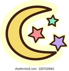 Color  cute vector illustration icon Moon and stars isolated on white background. Art for kids, baby, wallpapers, prints.
