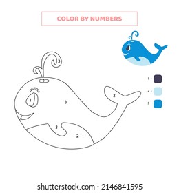 Color cute whale by numbers. Game for kids with cartoon whale.