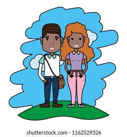 color cute woman and man couple in the landscape