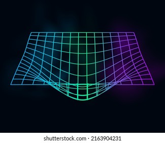 Color cyber distorted grid, retro punk design element. Wireframe wave geometry grid on black background. Vector illustration.