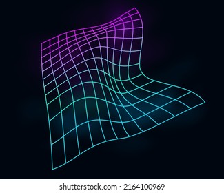 Color cyber distorted grid, retro punk design element. Wireframe wave geometry grid on black background. Vector illustration.