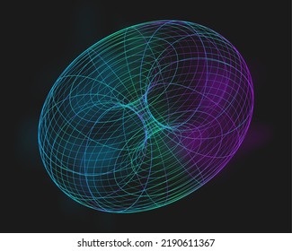 Color cyber distorted shape, retro punk design element. Wireframe wave geometry shape on black background. Vector illustration.