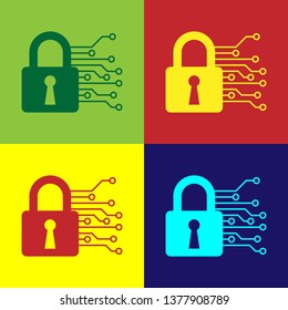 Color Cyber security icon isolated on color backgrounds. Closed padlock on digital circuit board. Safety concept. Digital data protection. Vector Illustration