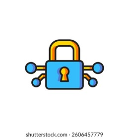 Color Cyber security icon isolated on white background. Closed padlock on digital circuit board. Safety concept. Digital data protection. Flat filled outline style with shadow. Vector