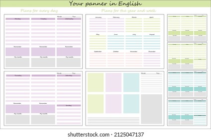 Color daily planner in English for the whole year. Wall calendar with horizontal grid, first Monday, two days off. Print-ready