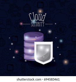 color dark blue background with brightness of colorful cloud security with shield and server vector illustration