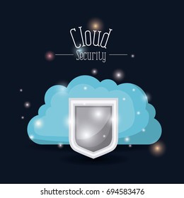 color dark blue background with brightness of colorful cloud security with shield vector illustration