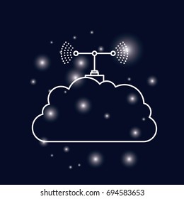 color dark blue background with brightness of silhouette cloud storage with antenna vector illustration